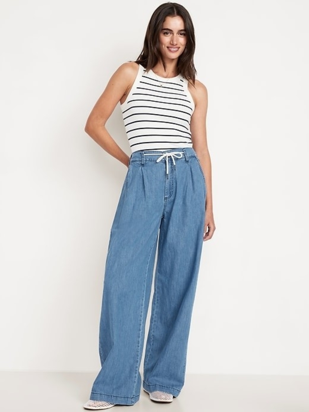 Old Navy High Rise Drawcord Wide Leg Jeans Size 6 Cotton Blue Relaxed